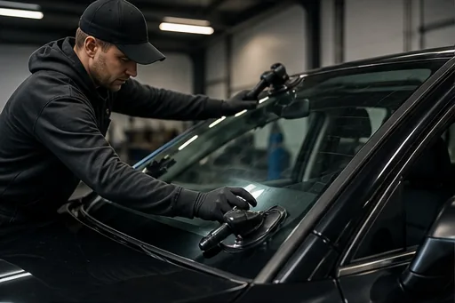 Technician carefully replacing a vehicle windshield
